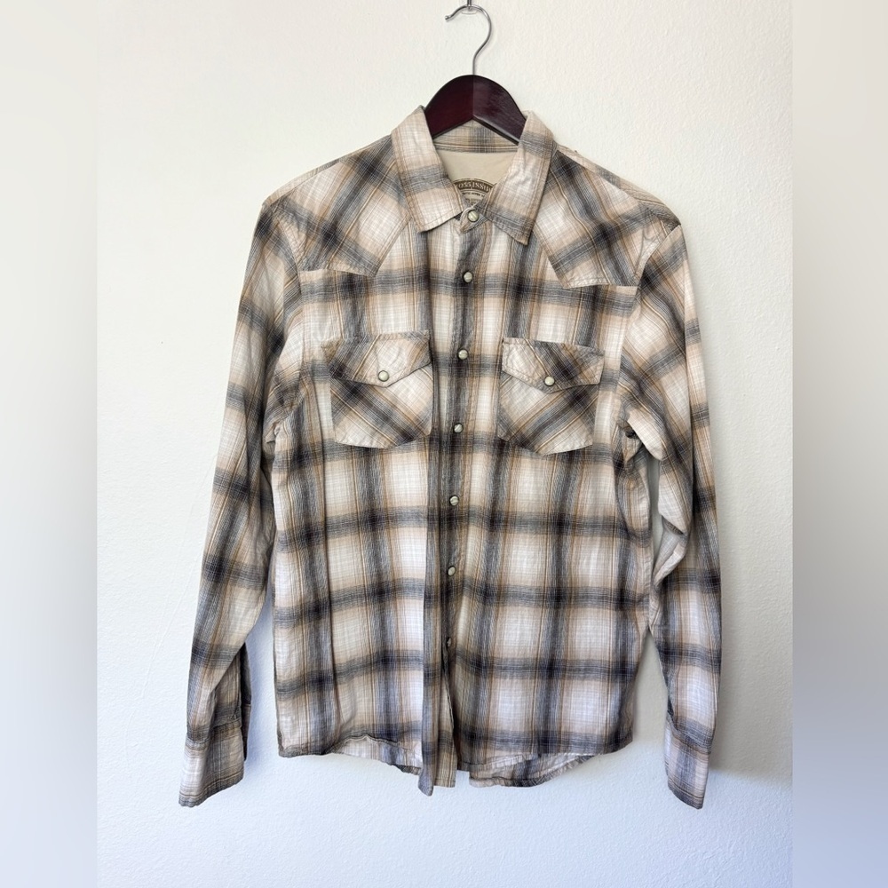 MO55issue mens Long Sleeve Brown Plaid Snap Button Shirt Size Medium 100% Cotton